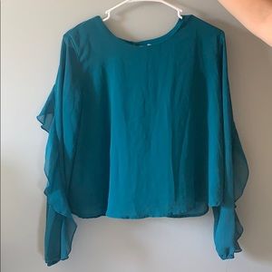 Xhiliration Teal Chiffon Ruffle Sleeve Blouse